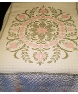 Vintage Stitched Pink Design Cotton Bed Quilt Coverlet Beautiful! - £89.01 GBP