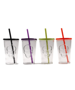 Halloween Skull Glass Tumblers Set of 4 Assorted Lids and Straws NEW Day... - $23.36