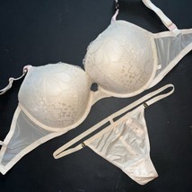 NWT Victoria&#39;s Secret 34DDD BRA SET M,XL thong lace cream nude BEIGE FLORAL - £54.57 GBP