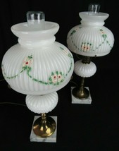 Antique Boudoir Lamp Set x2 Milk Glass Hand Painted Marble Brass Original Bulbs - £137.19 GBP