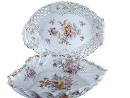 c1900 Dresden Flowers Hand Painted Bread Basket and Heart shaped bowl - $237.60