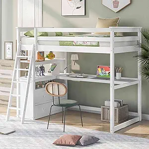 Twin Size Loft Bed With Desk And Shelves, 2 Built-In Drawers, Wood Bedfr... - £868.53 GBP