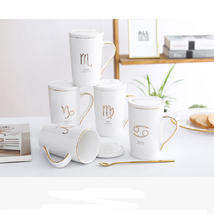 Porcelain Mug with Lid and Spoon Zodiac Sign Gold Painting Couple Mug 13oz - $41.50