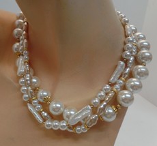 Multi Strand (3) Faux Pearl Necklace Made of Plastic Goldtone Hook Closure 14&quot;  - £15.59 GBP