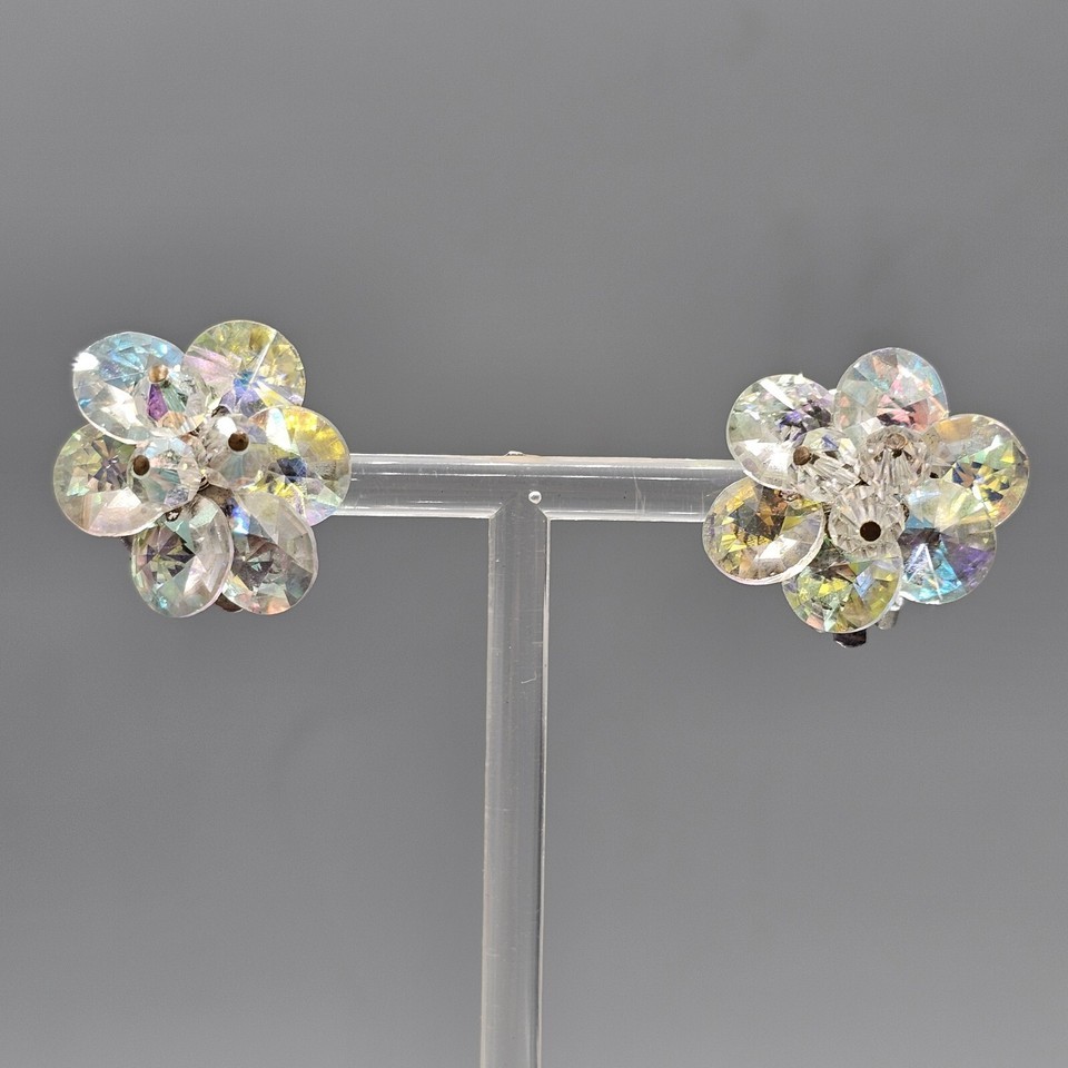 Vintage Iridescent Lentil Bead Earrings Clip On MCM Flower Cluster - $14.99