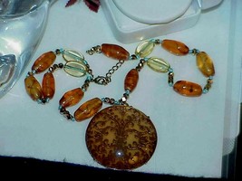 Vintage 20&quot; Murano Glass Amber Filigree Gold Bead Pendant chain Long Nec... - $54.44