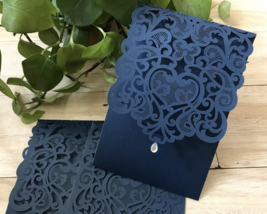 50pcs dark navy blue pocket style laser cut wedding invitations card,Inv... - $59.20