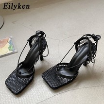 Spring Women Pumps Mesh Sandals Shoes Female Square Toe High Heel Lace Up Cross- - £37.75 GBP