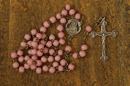 Estate Religious Jewelry Pink Bead Catholic ROSARY Silver Plated Brass Crucifix - £27.23 GBP