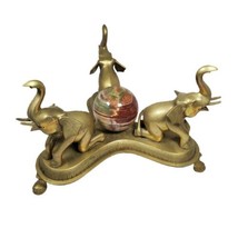 Vintage 11&quot; Trio Brass Elephant Figurines Etched Circle Protecting Onyx Sphere - £208.97 GBP