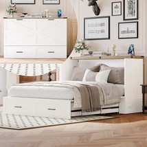 Queen Farmhouse Murphy Cabinet Bed w/ Charger &amp; Storage Drawer | White - $12,942.45 MXN
