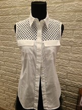 Trina Turk Top Small Lace Eyelet No Sleeve Blouse White Button Up Resort - $22.25