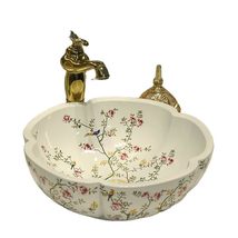 Flower Shaped White Ceramic Art Basin, Hand-Painted Flower &amp; Bird Patter... - $559.38 CAD