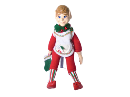 Vintage Ceramic Elf in Felt Outfit Figurine Christmas Holiday on Stand 14&quot; high - £9.34 GBP