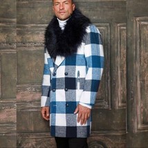 Men&#39;s Fashion Blue | White Plaid Faux Fur Overcoat - £120.19 GBP