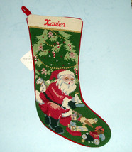 Sferra Needlepoint Stocking with Name &quot;XAVIER&quot; Embroidered Santa At Tree New - £58.06 GBP