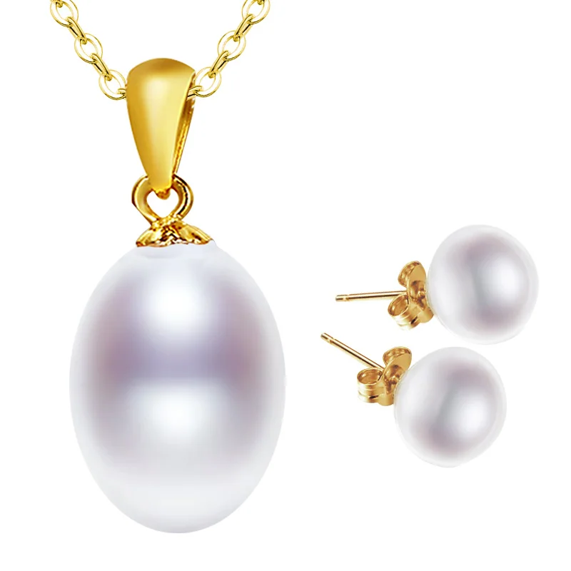 Yellow Gold Necklace Pendant Natural Freshwater White 10-11Drop Pearl Wedding Pa - £38.79 GBP