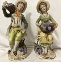 Figurines Lot of 2 Italy Wine Harvest Man and Woman 7&quot; Vintage Porcelain Homco - £15.53 GBP