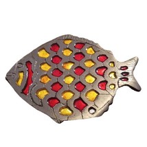 Vtg Footed Cast Iron Fish Shaped Stained Glass Trivet Hot Plate 6.5&quot;x4.5&quot; READ - £10.99 GBP