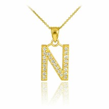 14k Solid Yellow Gold Diamonds Monogram Initial Letter N Pendant Necklace - £221.21 GBP+