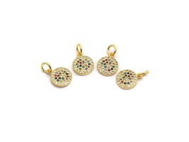 Multicolor CZ Micro Pave Coin Disc Charm, Round Disc Shape Pave Pendant, Gold - $2.80