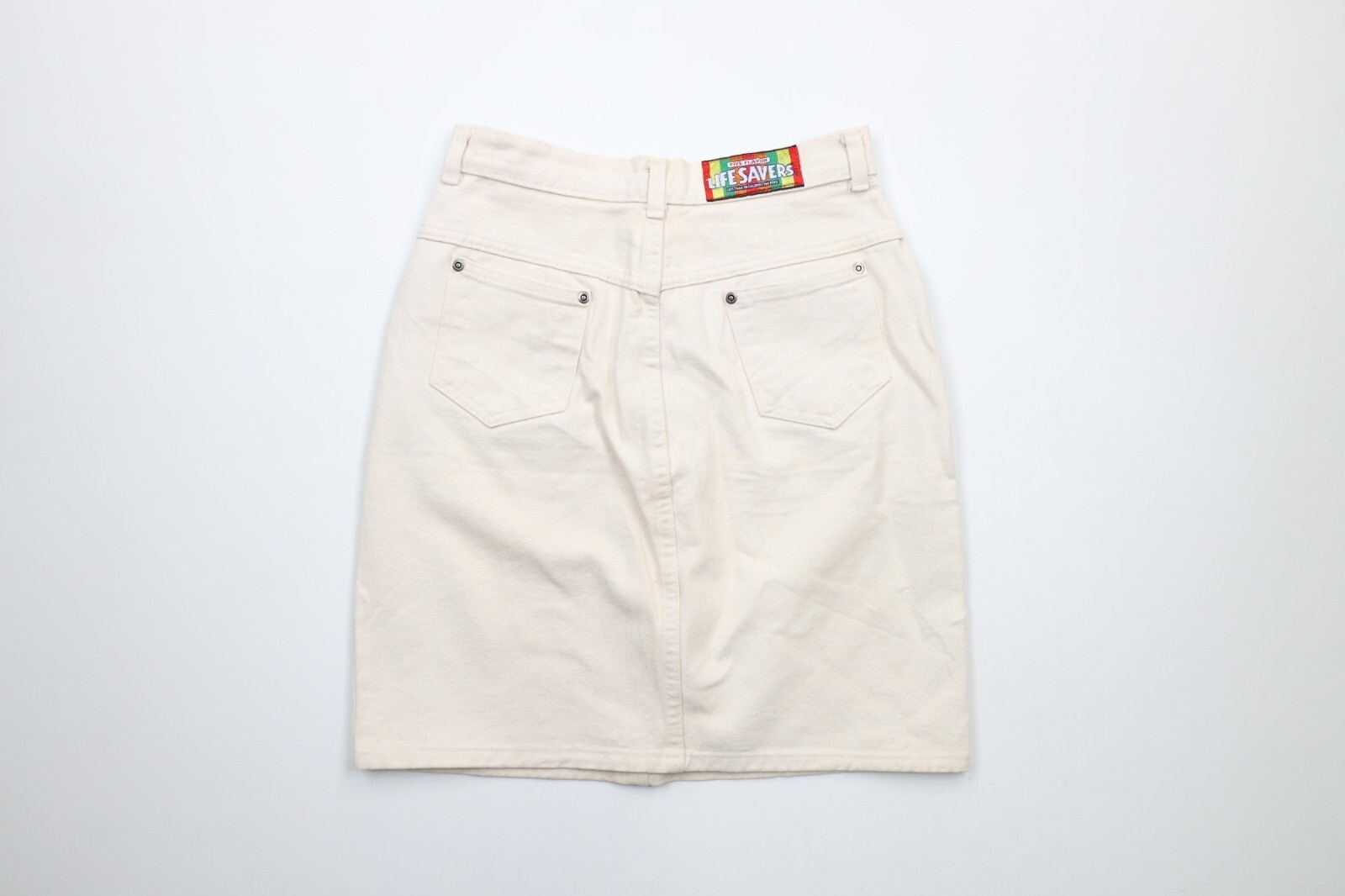 Vintage 80s Life Savers Candy Womens 11 Distressed Denim Jean Skirt Cream USA Item image 9
