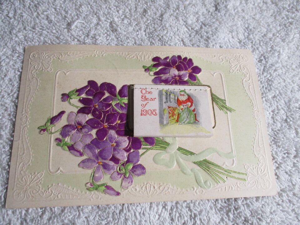 Santa Calendar purple flowers Early 1900s Happy New Year Postcard Posted - $29.69