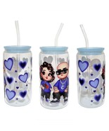 Chicano Hearts Clear Glass Tumbler Cup 16 oz UV DTF Blue Design Glass Straw - £13.94 GBP
