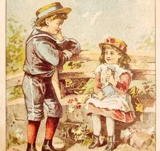 C1890s Victorian Trade Card Boy &amp; Girl With Puppet Young Love Ephemera E83A - $27.56 CAD