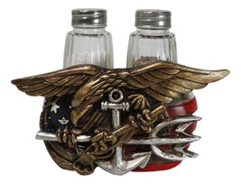 US Navy Sailor Eagle Anchor Trident Emblem And Flag Salt Pepper Shakers Holder - $35.99