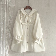 Winter Women&#39;s Woolen Coat Japanese Lolita Style Sweet Kawai Bow A-Line Loose Ja - £59.76 GBP