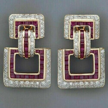 14K Yellow Gold Plated Incredible Vintage Earrings 3Ct Princess Cut CZ Ruby - £113.90 GBP