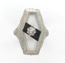 10k Gold Filigree Genuine Natural Rock Crystal Quartz and Onyx Ring (#J6... - $430.65