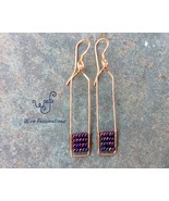 Handmade copper earrings: long rectangles with metallic purple iris beads - £20.36 GBP