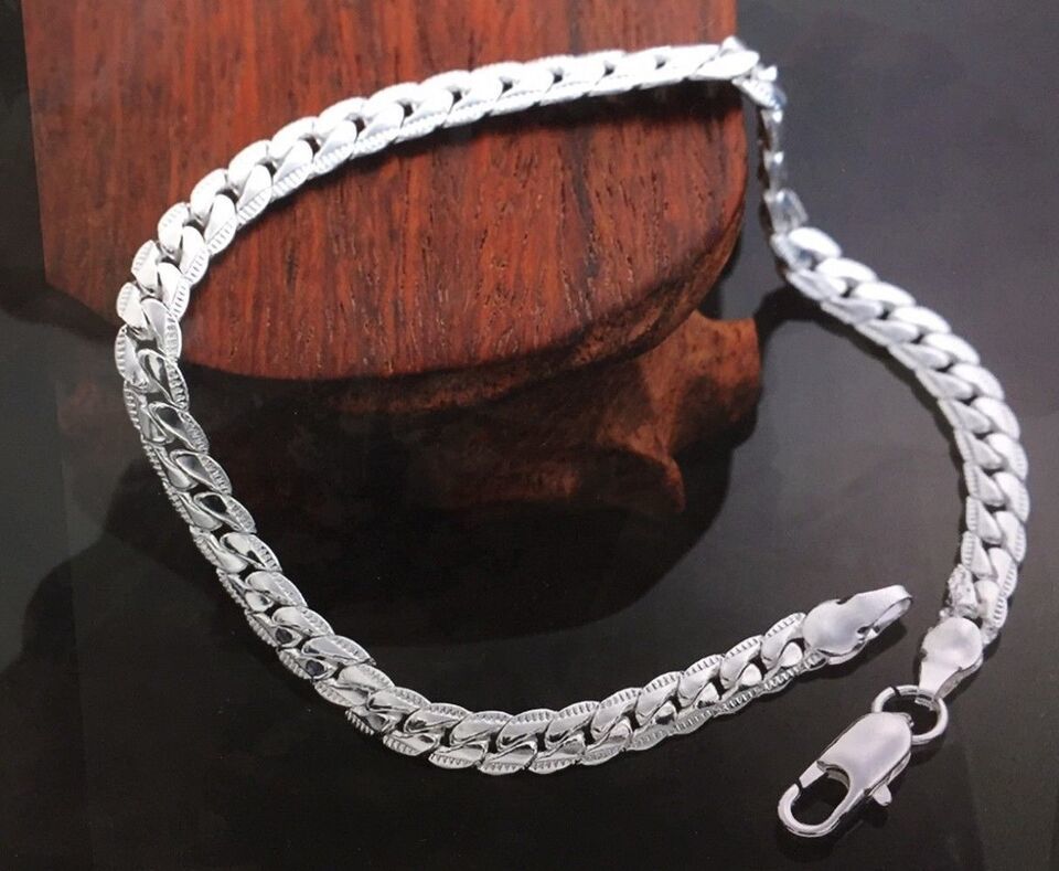 silver plated bracelet men 5MM flat sideways chain - $9.49