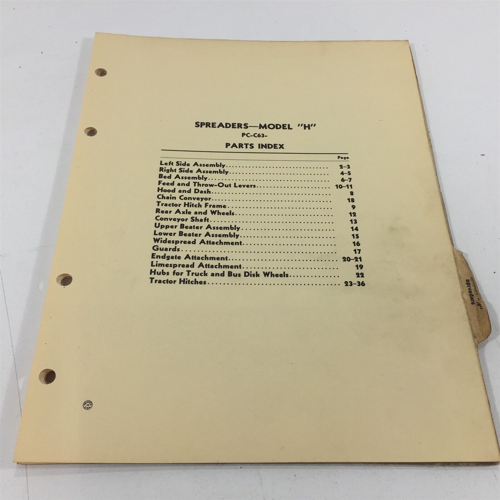 Genuine John Deere Model H Spreaders Parts Index PCC63 Dealer 1954