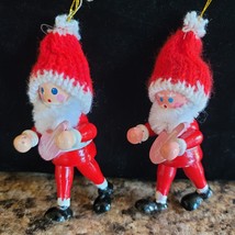 2 Wooden Santas Stocking Caps Christmas Tree Ornaments Hand Painted Vintage - £6.34 GBP