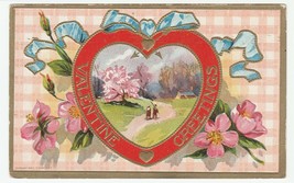 Vintage Postcard Valentine Couple on Country Lane Pink Dogwood Flowers Embossed - £6.25 GBP
