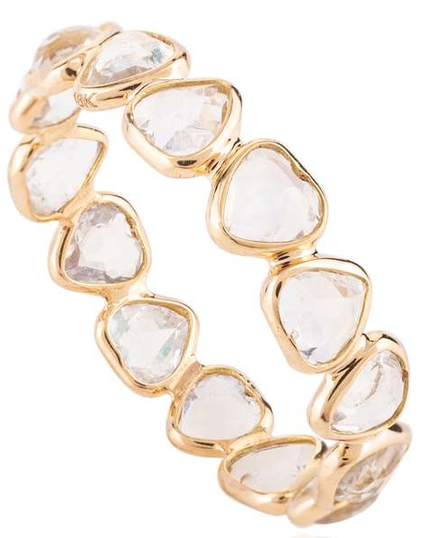 18k Yellow Gold Stackable Heart Cut Rainbow Moonstone Eternity Band Ring