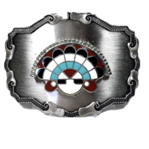 Men&#39;s Belt Buckle Enamel Sun Face Vintage Southwestern Style Blue Red Black - £36.17 GBP