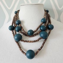 Plunder Vintage Blue &amp; Brown Wood Beaded Layered Necklace - £10.50 GBP
