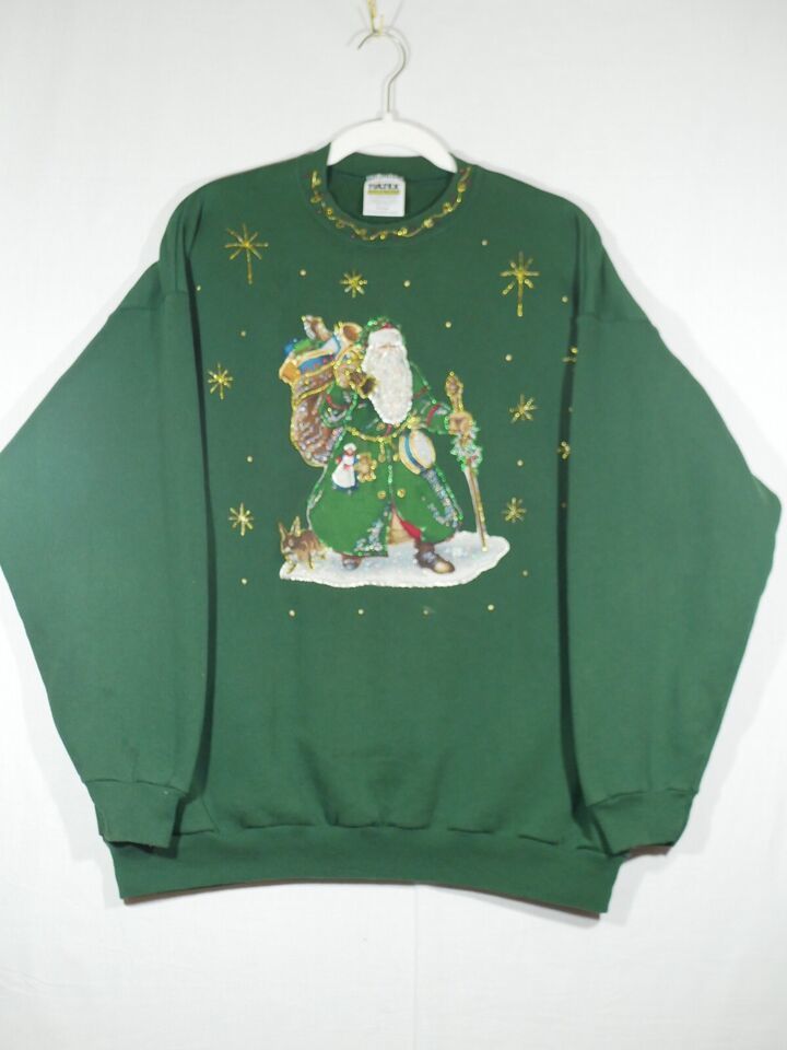 Primary image for VTG Tultex Santa Claus Transfer Puff Paint Christmas Sweatshirt XL Green