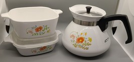 Vtg 80&#39;s Corning Ware Wildflower Tea Pot w Lid 6 Cup ++ 2 CASSEROLES - £29.98 GBP
