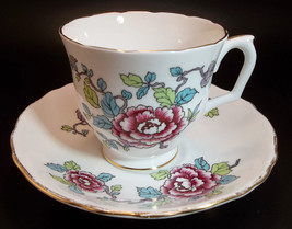 Staffordshire Tea Cup &amp; Saucer Set England Bone China Pink Mums Flowers ... - £15.82 GBP