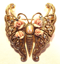 1928 Pink Porcelain Rose Butterfly Brooch Pin Gold Tone Setting Faux Pearl Body - £19.93 GBP