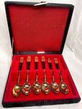6 Vintage Demitasse Teaspoons in Box Case Hong Kong Wood Inlay UNF1869 Brass - $32.64