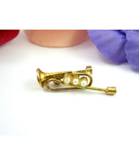 TRUMPET PIN  Vintage HORN Brooch Cornet Faux Pearl Goldtone Music Instru... - £11.76 GBP