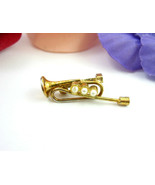 TRUMPET PIN  Vintage HORN Brooch Cornet Faux Pearl Goldtone Music Instru... - $14.99