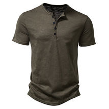 Mens Plain Short Sleeve Henley T Shirt Summer Casual Army Green - $30.76