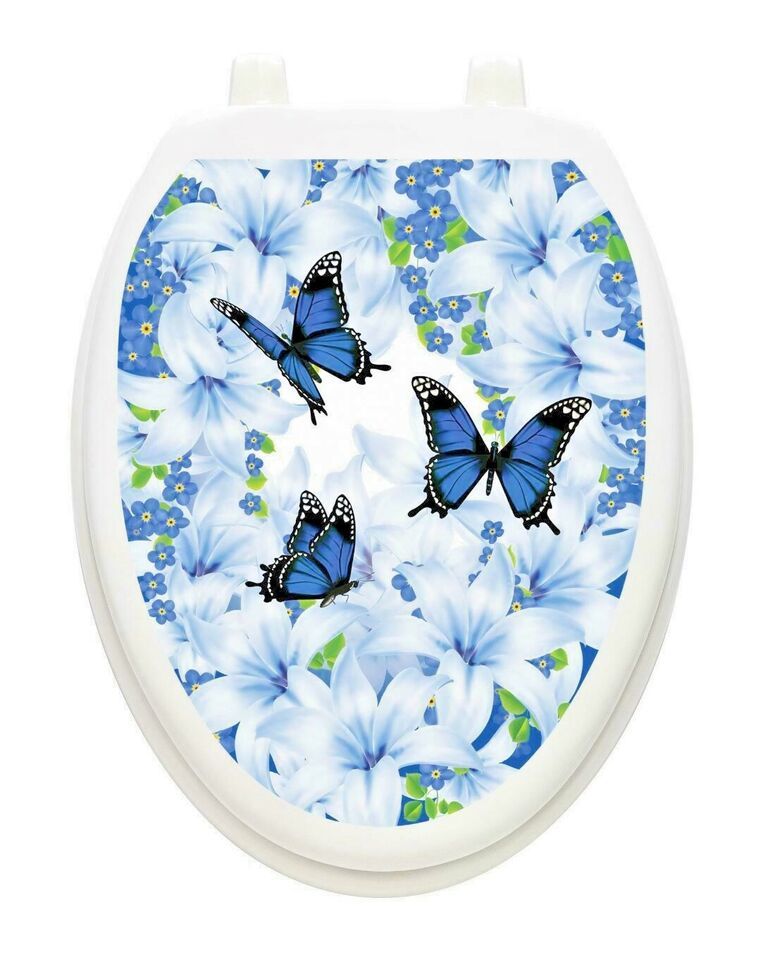 Toilet Tattoos Vinyl Art for your Toilet Lid Lily Blues Butterflies  Hyg... - $25.05